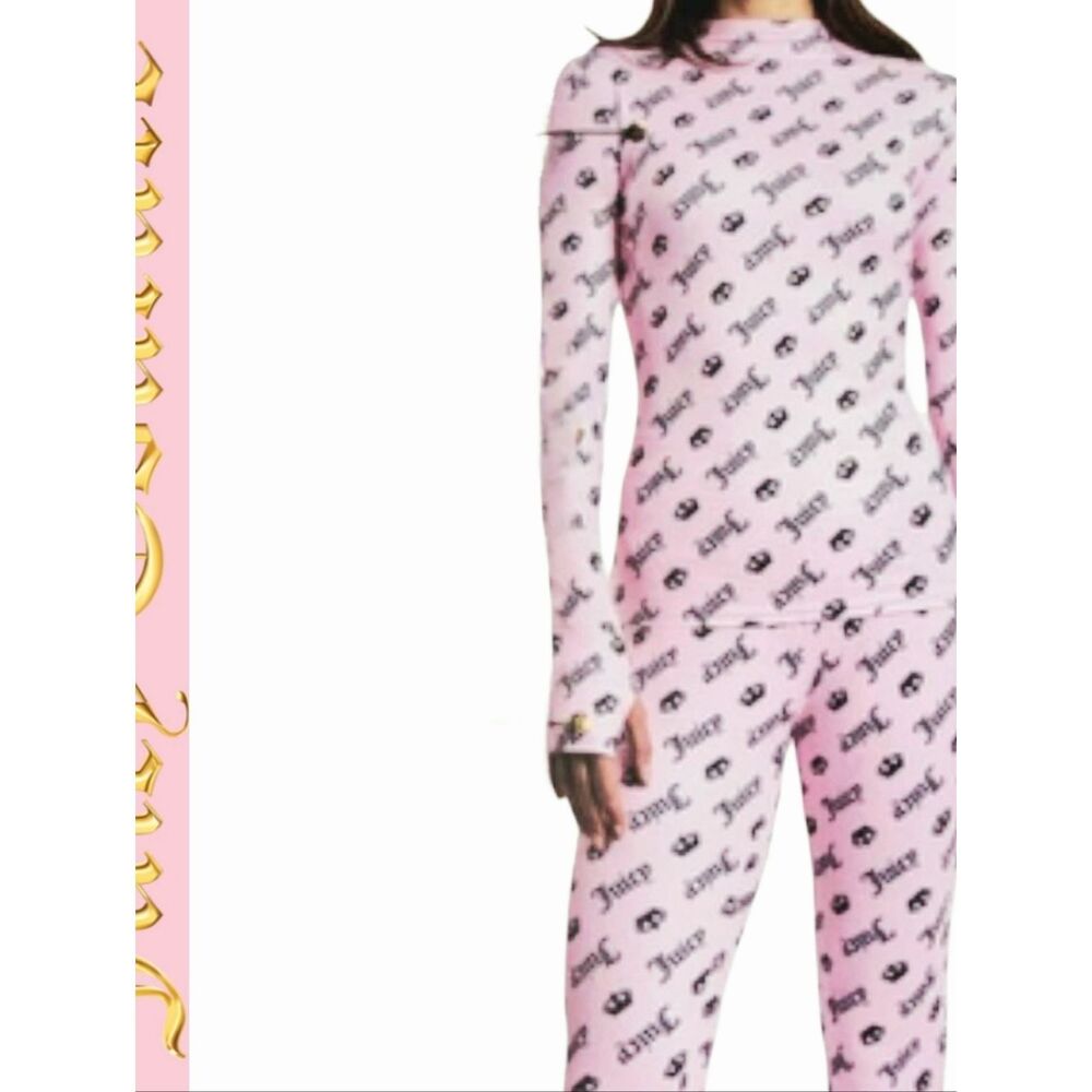 Juicy Couture Logo Crown Print Two-Piece High Neck L/S Top & Pant Pajama Set